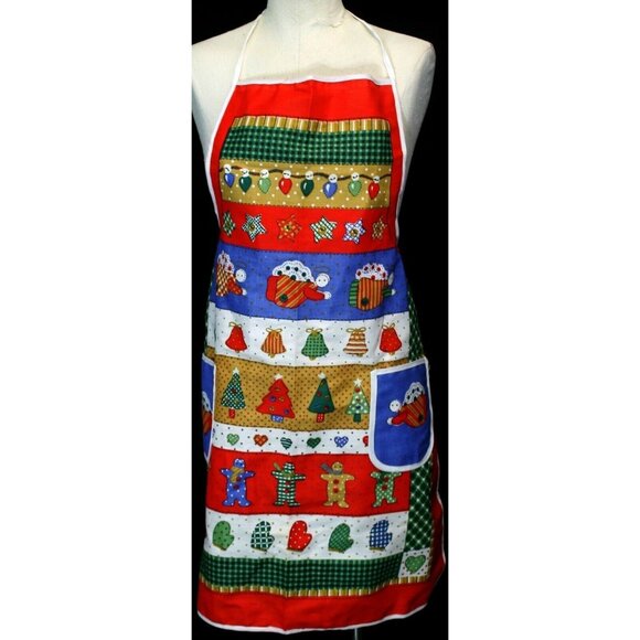 Country Christmas Kitchen Full Apron Pockets Angel Star Bell Light Unitex Int'l - Picture 1 of 10